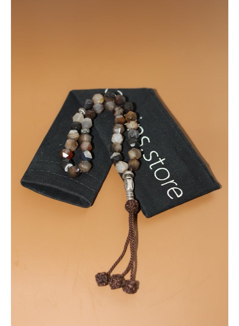 مجموعة كامين مسبحة أنيقة من العقيق - مصنوعة يدوياً بأحجار سداسية الشكل وشرابة على الطراز العربي - Image 1